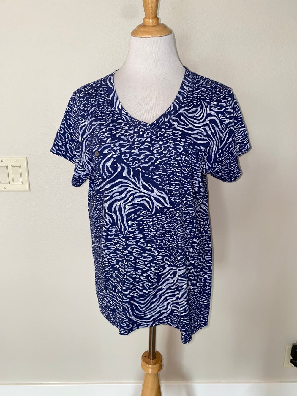 Fresh Produce Blouse Top Blue White V Neck Cotton Size XL